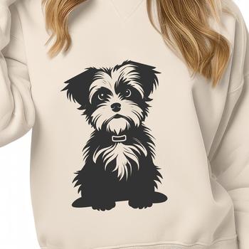 A small Morkie dog sitting on its hind legs with its front paws resting on the ground.