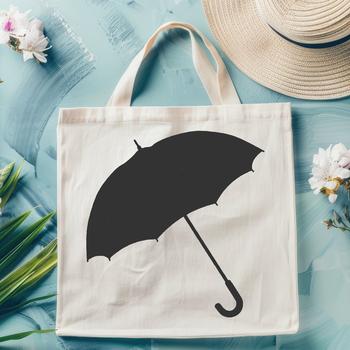 A simple silhouette of a traditional-style umbrella against a grey background.