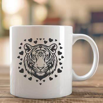 A stylized illustration of a tiger's head with love hearts surrounding its face, suitable for digital crafting.
