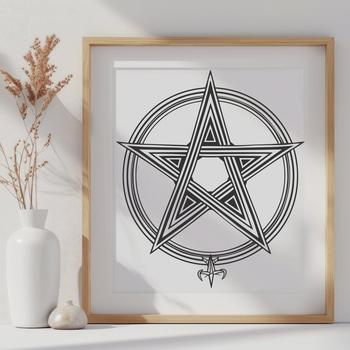 A digital illustration of a pentagram symbol surrounded by gothic elements, representing witchcraft.