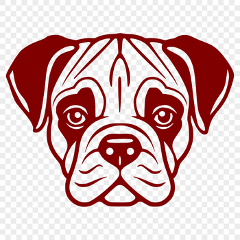 A simple line drawing of a dog's head, identified as a boxer breed.