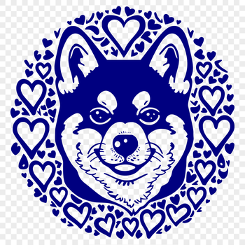 A small, fluffy Shiba Inu dog with love hearts surrounding its head, suitable for vector designs and clip art.