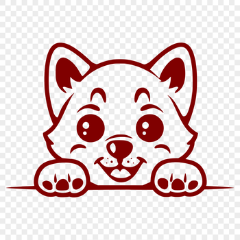 A simple line drawing of a Shiba Inu dog's head peeking out from behind an object.