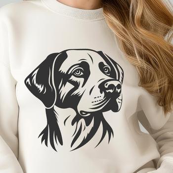 Vector graphics of a smiling Labrador Retriever face in a clean line style.