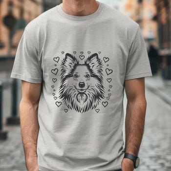 Illustration of a Shetland sheepdog breed dog's portrait with heart motifs.