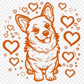 A cute, full-body illustration of a Welsh Corgi sitting on its haunches, surrounded by love hearts.