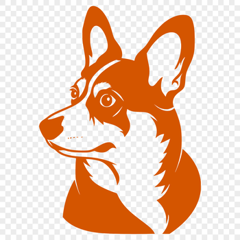 A close-up illustration of a Welsh Corgi's head with distinct features.
