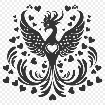 A mythical creature with vibrant plumage and outstretched wings, surrounded by hearts.