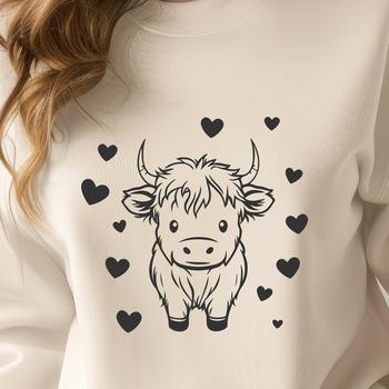 A detailed vector design of a Highland cow in a farm setting, showcasing its distinctive features and body structure.