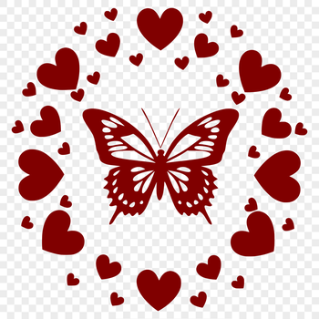 A colorful butterfly with full body illustration featuring love hearts in various positions on its wings and body.