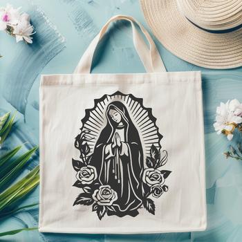 A full-body portrait of the Virgin Mary with ornate floral patterns in the background.