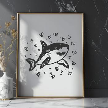 A stylized illustration of a shark featuring love hearts surrounding its body.