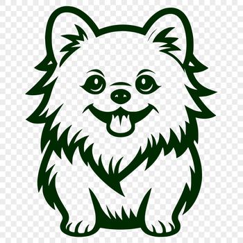 A simple line drawing of a Pomeranian dog sitting in full body pose.