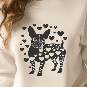 A full-body illustration of a standing Boston Terrier with heart motifs incorporated into the design.