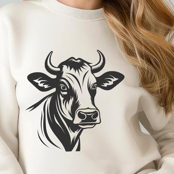 A cow's head illustration with detailed features suitable for vector art designs.