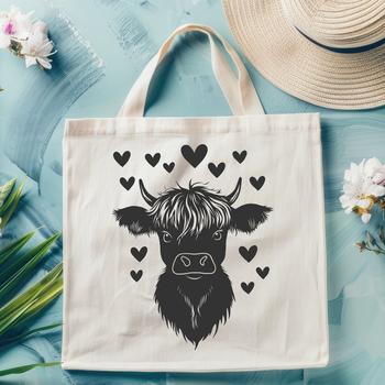 A colorful illustration of a Highland cow's head with heart symbols surrounding its features.