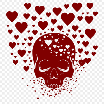 A simple illustration of a skull with love hearts integrated into the design.