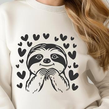 A sloth holding two love hearts in its arms, illustrated as a vector graphic.
