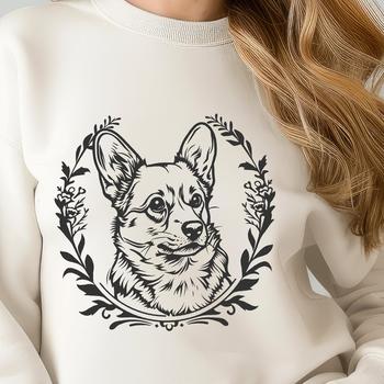 A stylized illustration of a traditional Welsh Corgi breed dog with ornate floral patterns on its head.