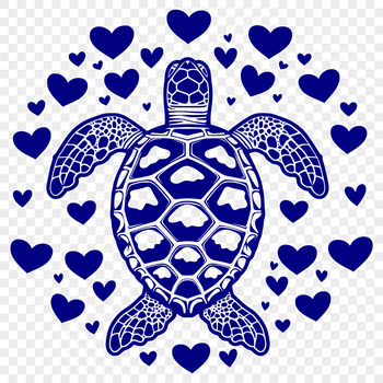 A colorful illustration of a full-body sea turtle with love hearts incorporated into its design.