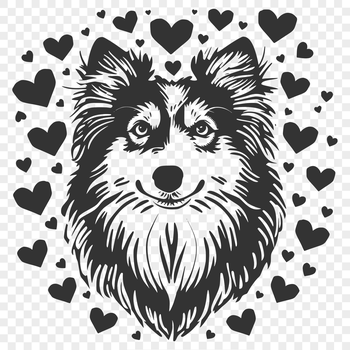 A detailed illustration of a Shetland Sheepdog's head featuring love hearts around its features.