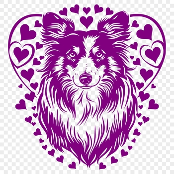 A vector illustration of a friendly Shetland Sheepdog with love hearts surrounding its head.
