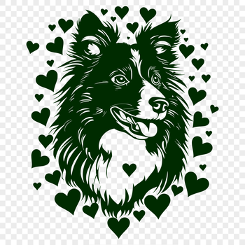 A vector illustration of a friendly Shetland Sheepdog's head with love hearts surrounding it.