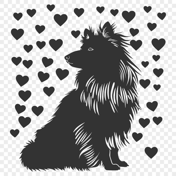 A sitting Shetland sheepdog with heart symbols integrated into its fur.