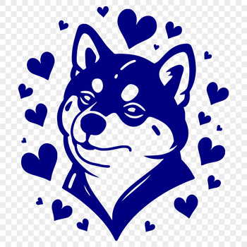 A close-up illustration of a Shiba Inu's head with heart-shaped decorations around its ears.
