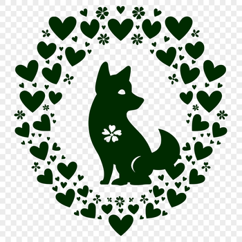 A vector illustration of a full-bodied Shiba Inu sitting with love hearts surrounding its face.