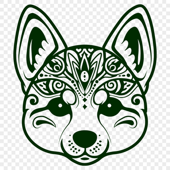 A detailed illustration of a Shiba Inu's head with ornate details.