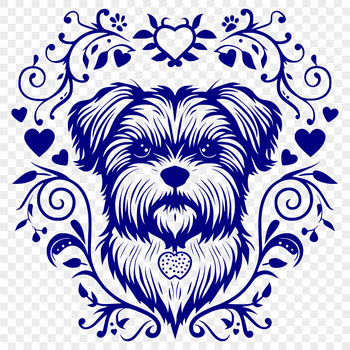 A stylized illustration of a small dog's head with ornate features.