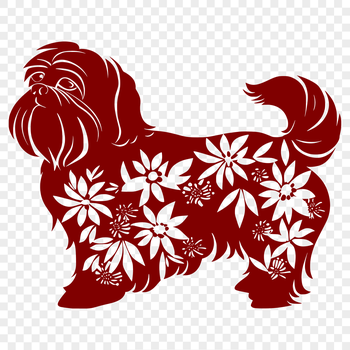 A full-body illustration of a standing Shih Tzu dog in front of a floral background.