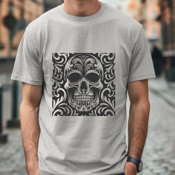 An ornate skull design with detailed illustration.