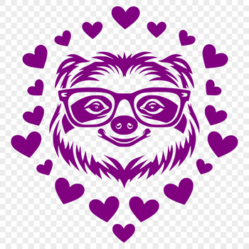 A sloth's head with love hearts surrounding it, suitable for use in digital design and crafting.