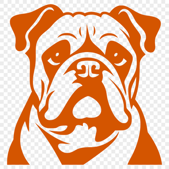 A cartoon illustration of a Bulldog's head with a wrinkled face and floppy ears.