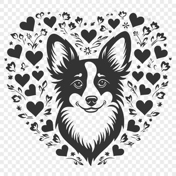 A vector illustration of a friendly Welsh Corgi's head with red love hearts surrounding it.