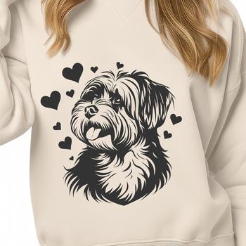 A illustration of a friendly Havanese dog with love hearts surrounding its head.