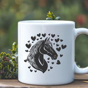 A stylized illustration of a horse with love hearts surrounding its body.