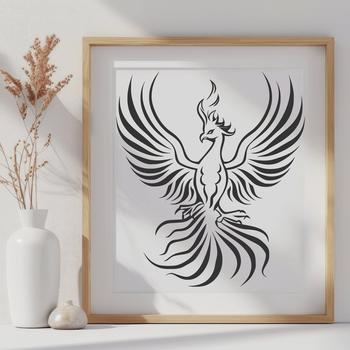 A mythical bird with outstretched wings and fiery plumage rising from the ashes.