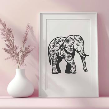 Full-body illustration of a single standing elephant in a decorative style featuring florals.