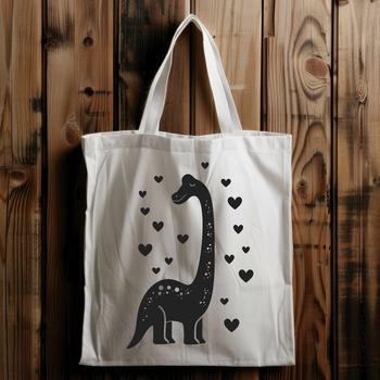 A colorful illustration of a brachiosaurus in full body, adorned with love hearts.