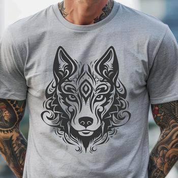 An ornate illustration of a Siberian Husky's head.