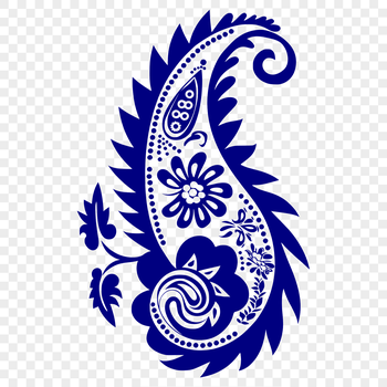 A stylized, ornate floral design featuring interconnected loops and patterns in a classic paisley shape.