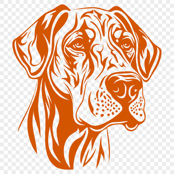 A close-up illustration of a large dog's head, featuring intricate details in its facial features.