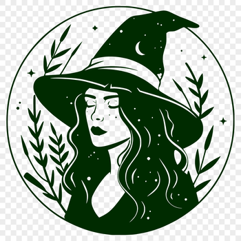 A detailed illustration of a witch's head, adorned with magical symbols and surrounded by mystical elements.