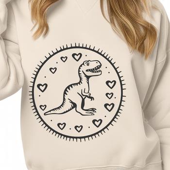 A full-body illustration of a T Rex dinosaur surrounded by love hearts, suitable for clip art and vector design projects.