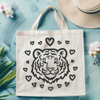 A stylized illustration of a tiger's head with hearts surrounding its face.