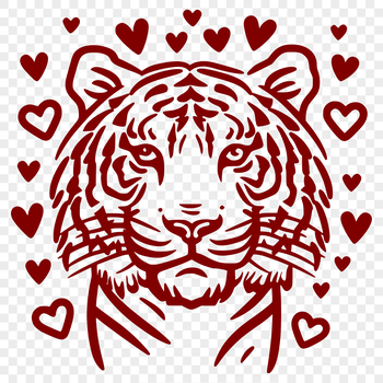 A vector illustration of a tiger's head with love hearts surrounding its face.
