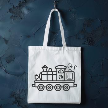 A simple line drawing illustration of a train with classic locomotive design.